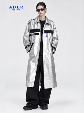ADER Error Metallic Silver Oversized Long Coat Avant Garde Statement jacket